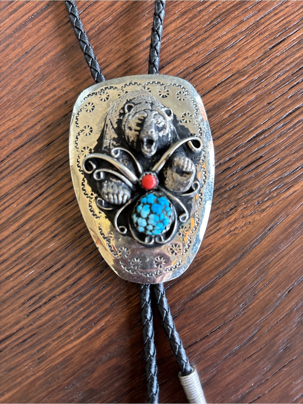Native American Style Unisex Bolo, Turquoise/Coral Colored Stones, Bear, Cowboy